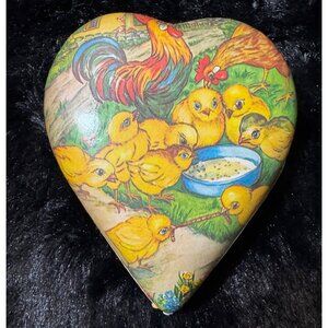 Vintage Germany Paper Mache Heart-Shaped  Box With Rooster Chicks Design Easter